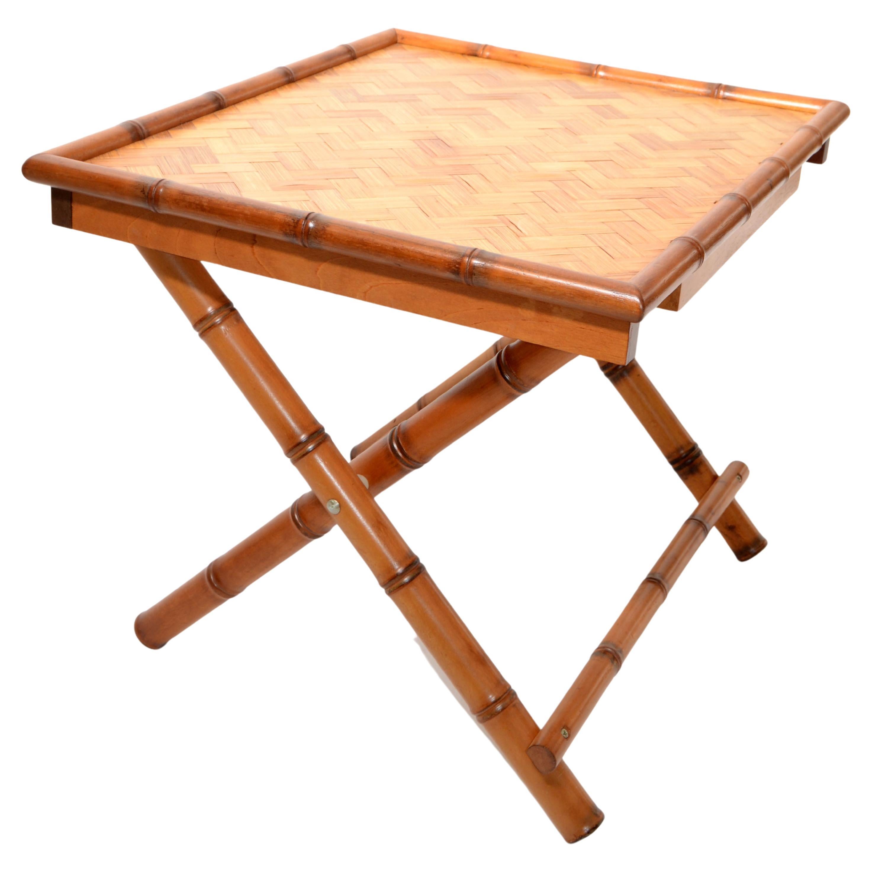 Table de service pliante vintage en bambou rectangulaire fabriquée à la main, table centrale en forme de X