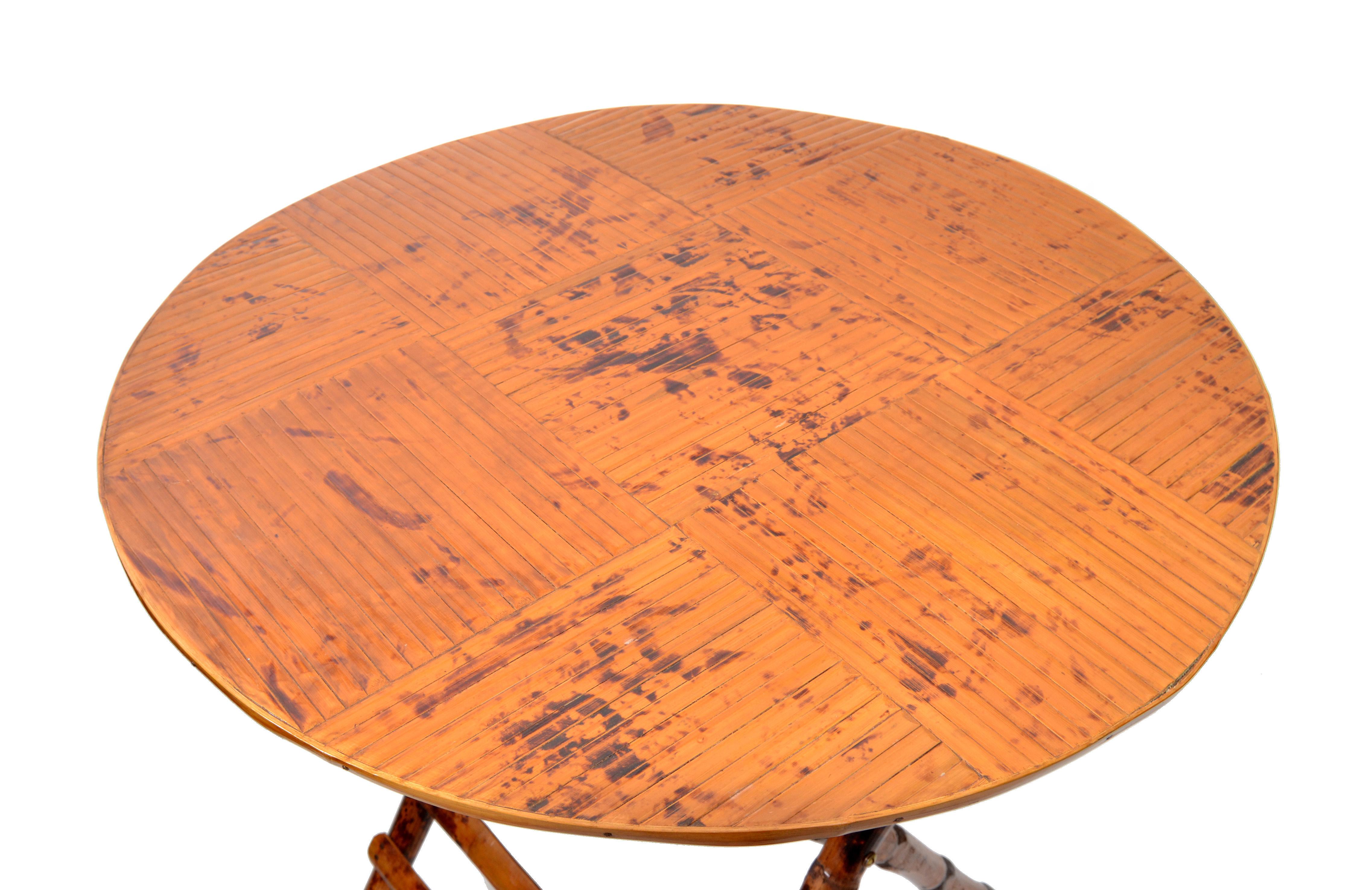 Mid-Century Modern Vintage Handcrafted Round Bamboo Bistro Folding Table, Center Table X-Base