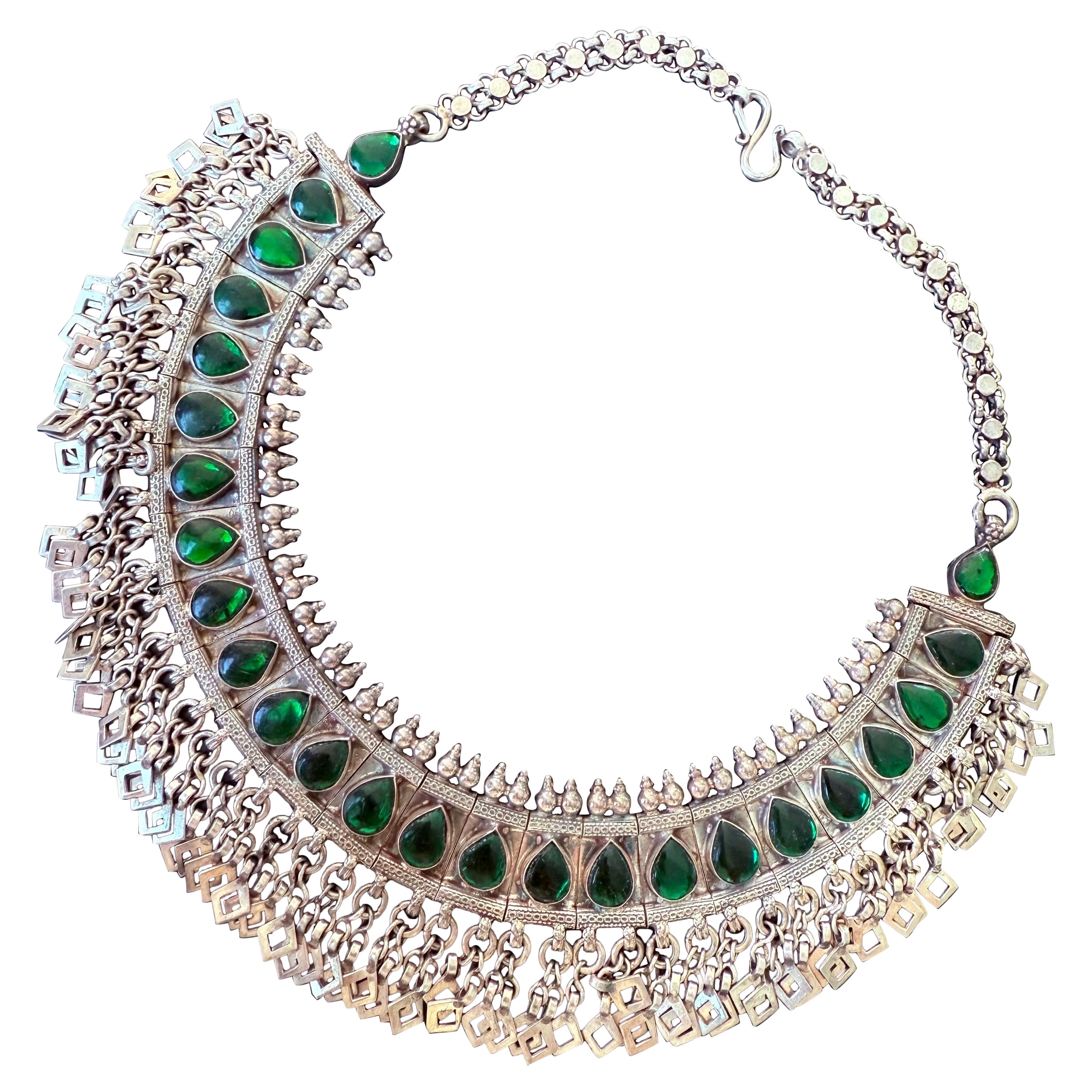 Collier ras du cou vintage en argent et en verre métallisé, Inde