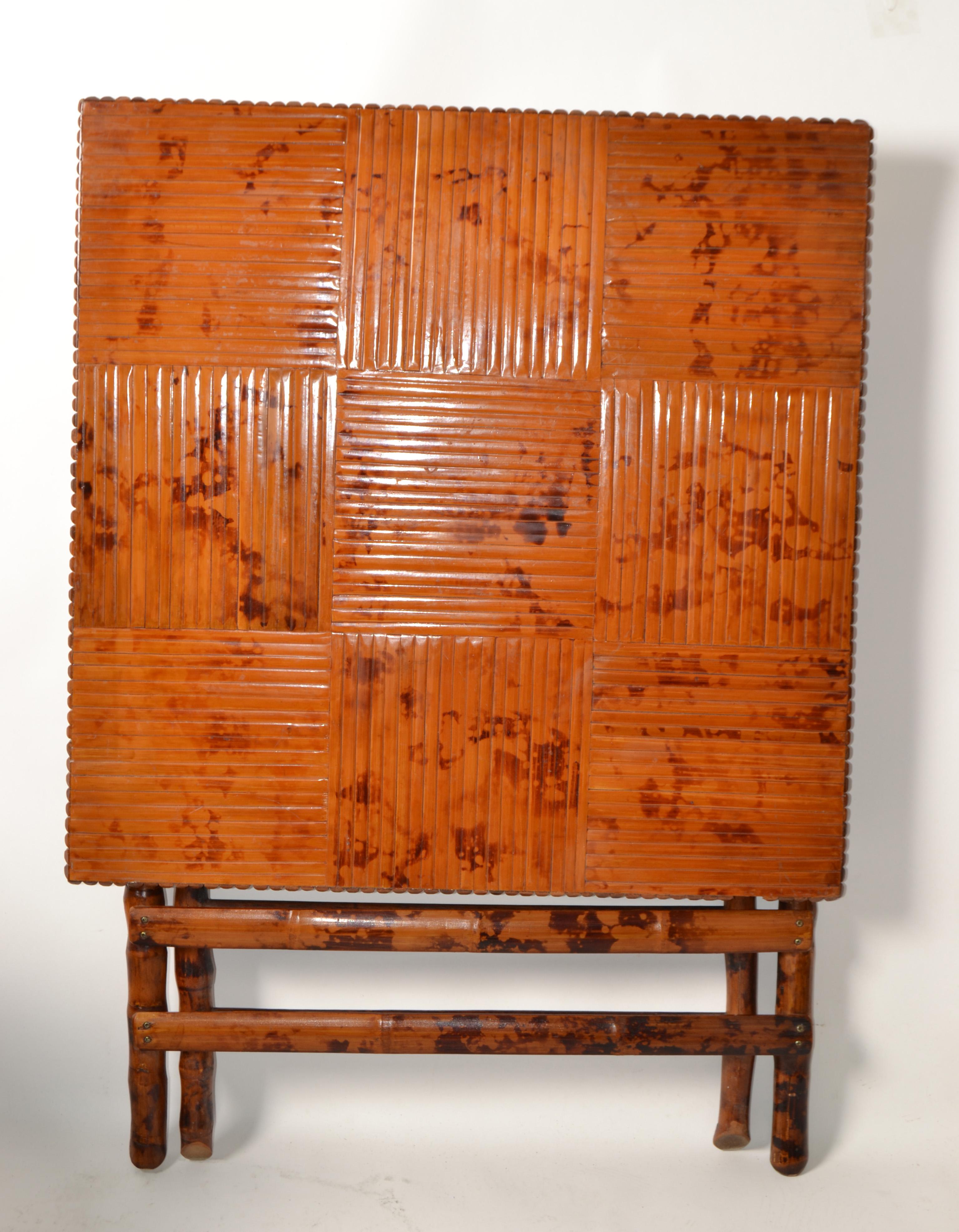 Hand-Crafted Vintage Handcrafted Square Tiger Bamboo Bistro Folding Game Center Table X-Base For Sale