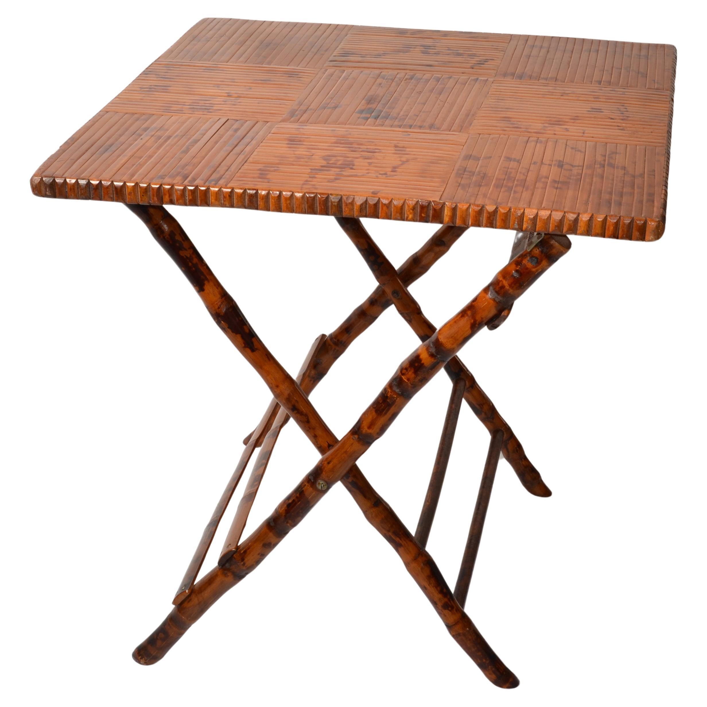 Vintage Handcrafted Square Tiger Bamboo Bistro Folding Game Center Table X-Base For Sale
