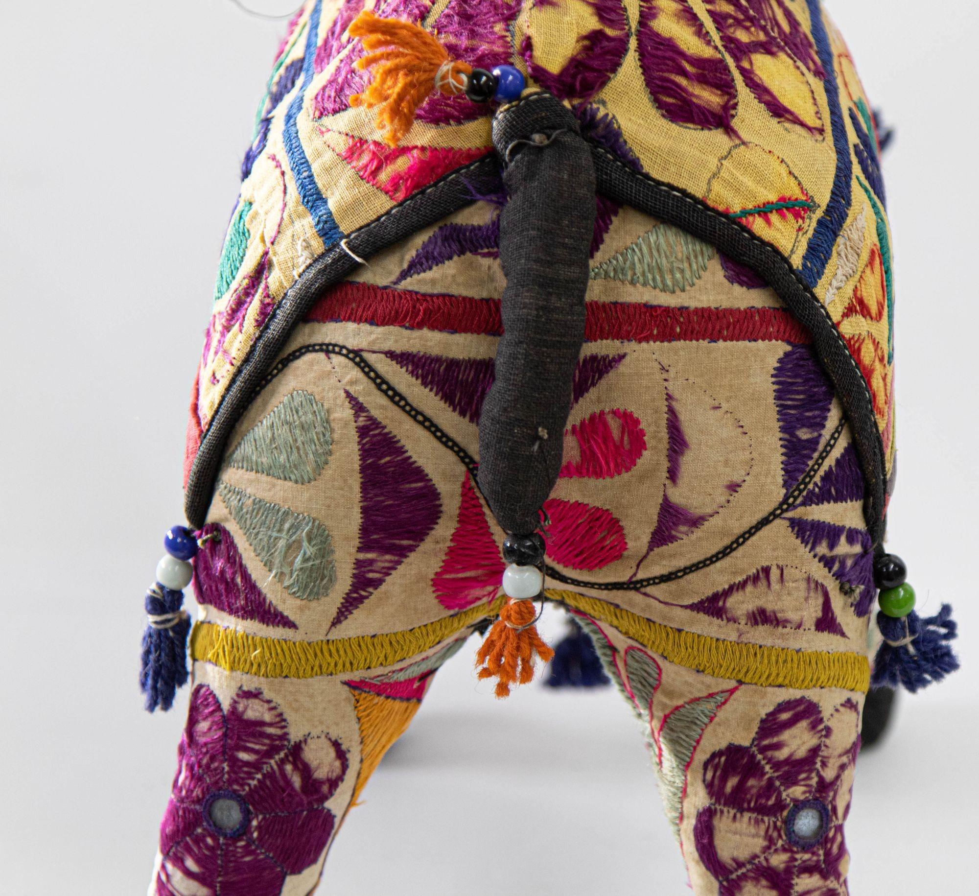 Textile Vintage Handcrafted Stuffed Cotton Embroidered Ceremonial Elephant Toy Raj India For Sale
