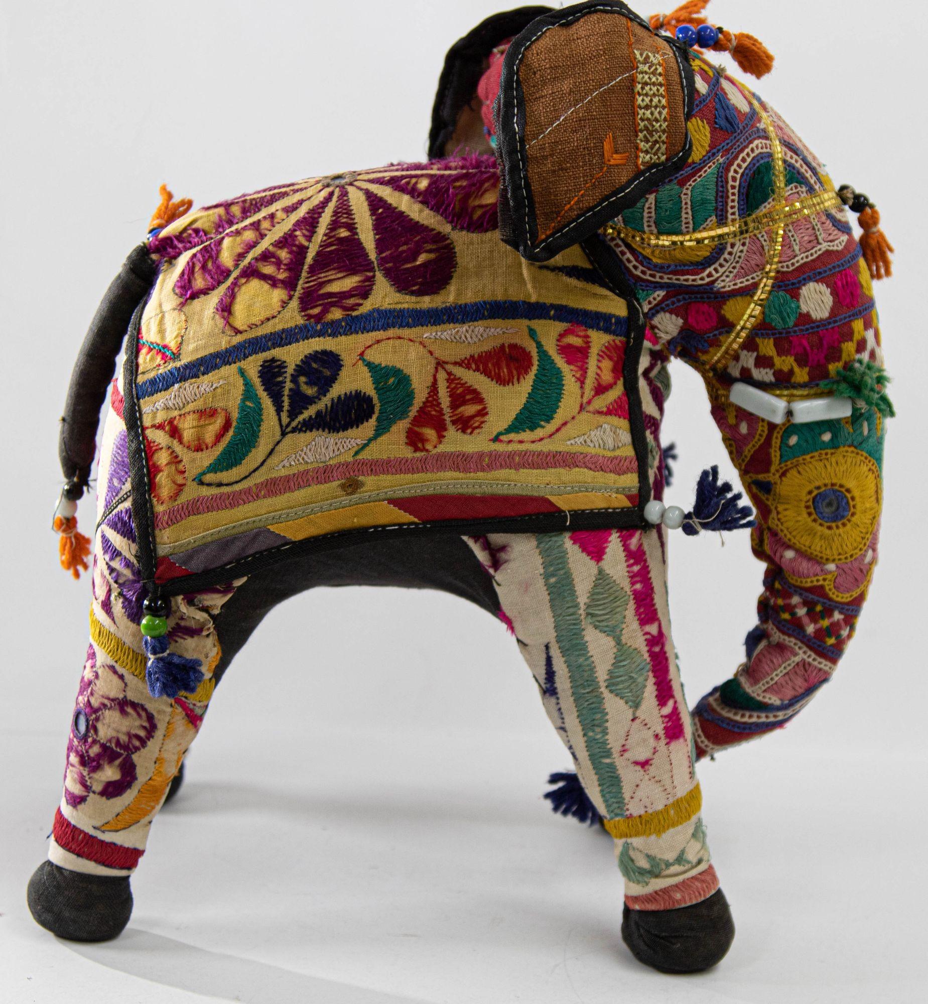 Vintage Handcrafted Stuffed Cotton Embroidered Ceremonial Elephant Toy Raj India For Sale 3