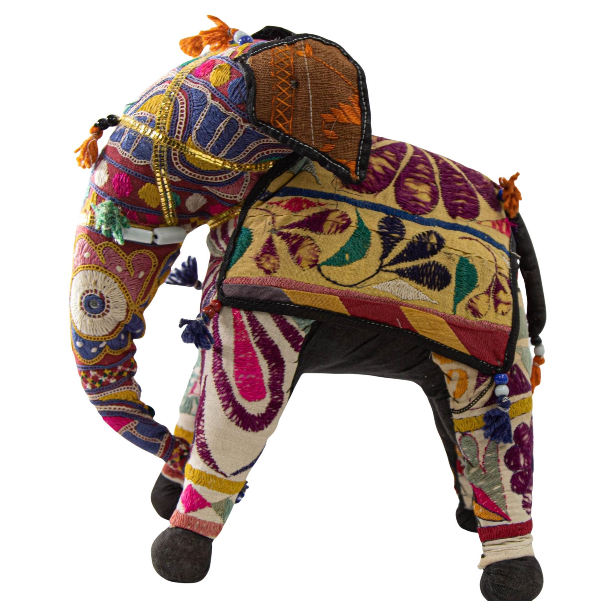 Vintage Handcrafted Stuffed Cotton Embroidered Ceremonial Elephant Toy Raj India For Sale
