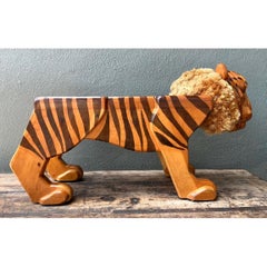 Vintage Handcrafted Wood and Jute Tiger Stool