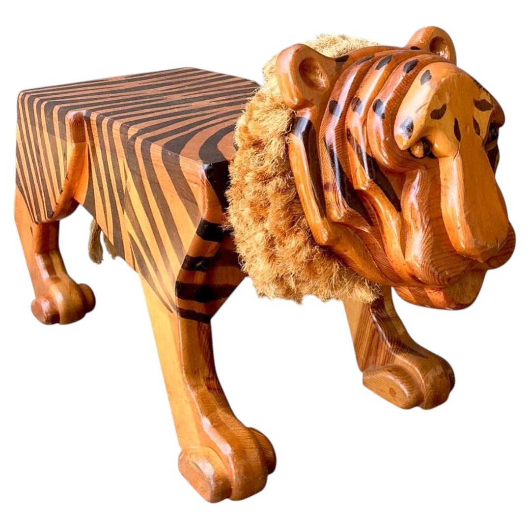 Vintage Handcrafted Wood and Jute Tiger Stool For Sale