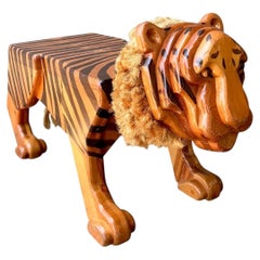 Vintage Handcrafted Wood and Jute Tiger Stool
