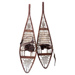 Vintage Handcrafted Wooden Snowshoes with Rawhide Webbing & Leather Bindings