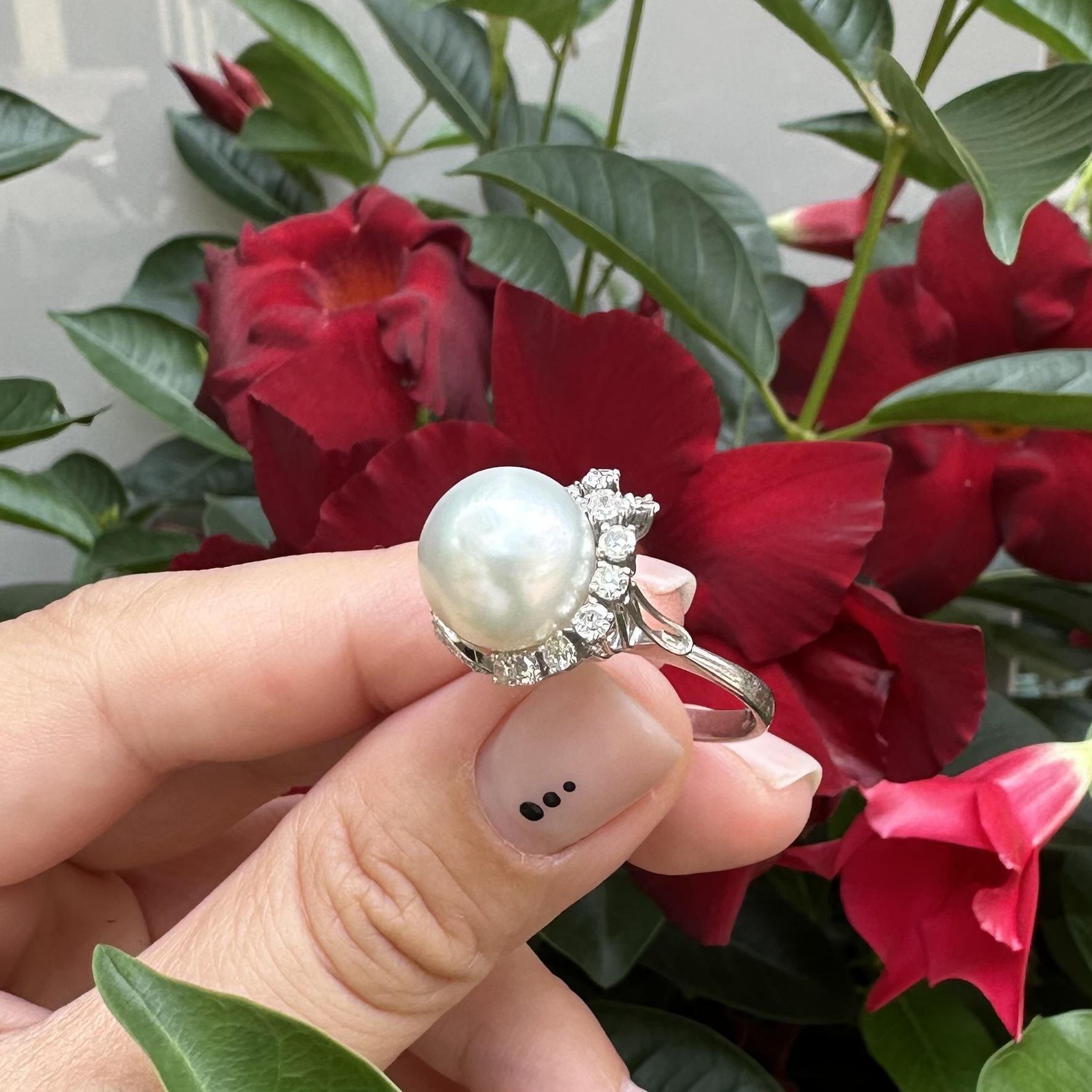 Vintage Handmade 10k Weißgold Barock Perle & Diamant Cluster Cocktail Ring im Angebot 5