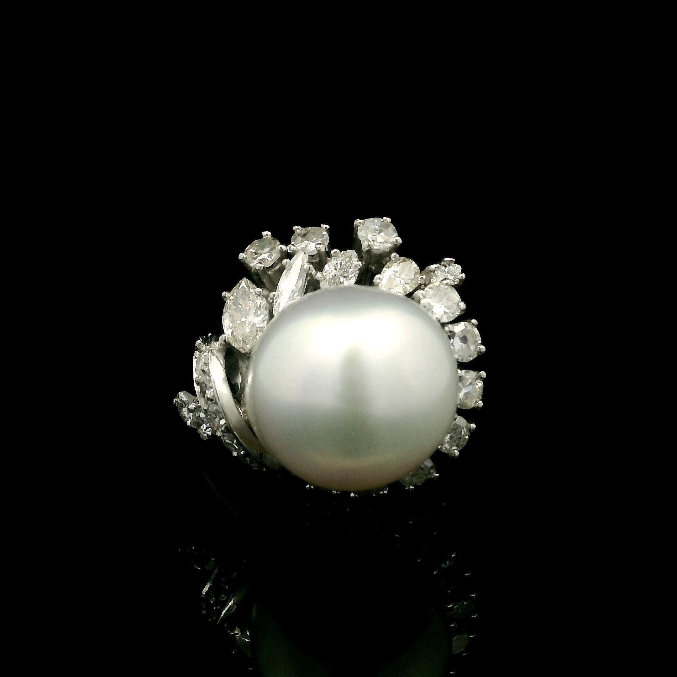 Vintage Handmade 10k Weißgold Barock Perle & Diamant Cluster Cocktail Ring im Angebot 6