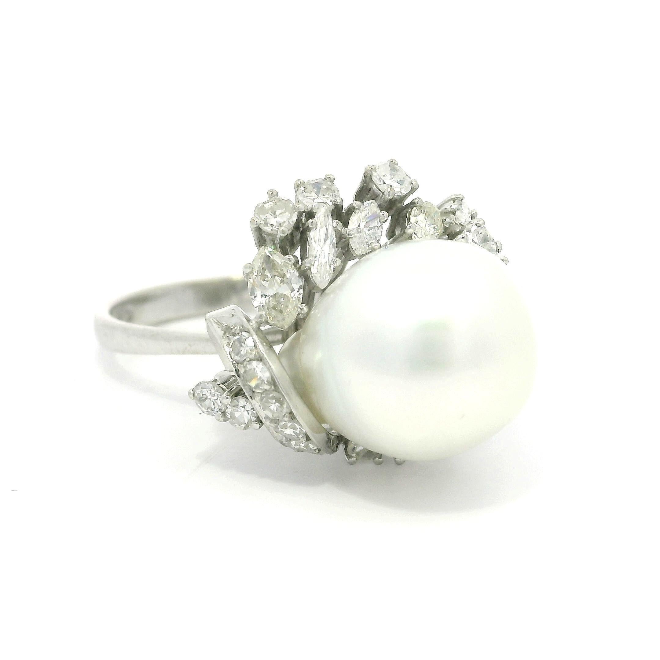 Vintage Handmade 10k Weißgold Barock Perle & Diamant Cluster Cocktail Ring im Angebot 8