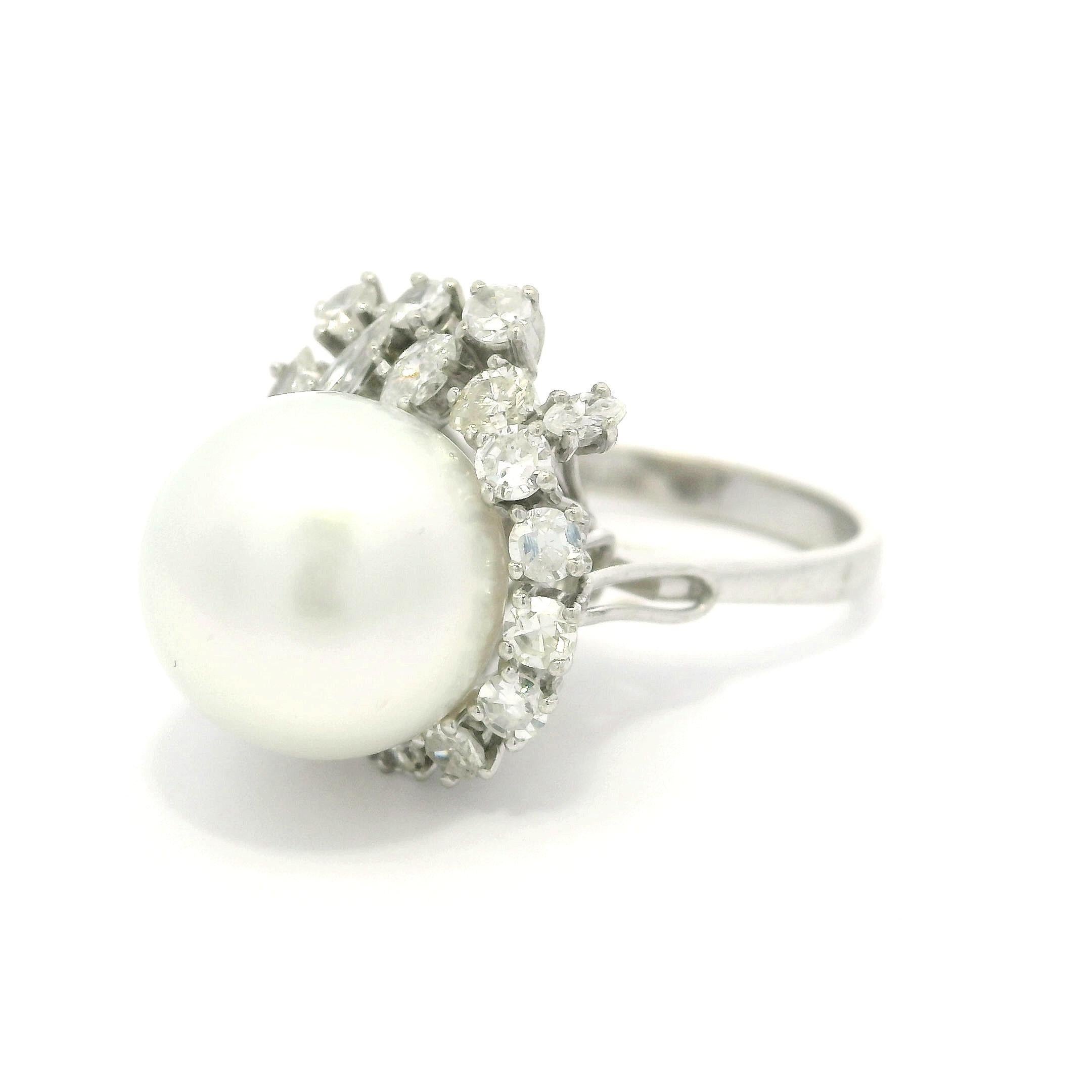 Vintage Handmade 10k Weißgold Barock Perle & Diamant Cluster Cocktail Ring im Angebot 9