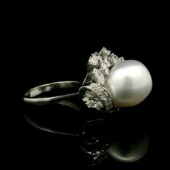 Vintage Handmade 10k White Gold Baroque Pearl & Diamond Cluster Cocktail Ring