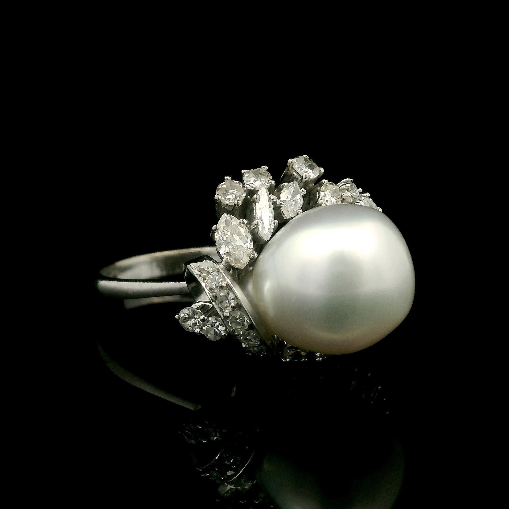 Vintage Handmade 10k Weißgold Barock Perle & Diamant Cluster Cocktail Ring Damen im Angebot