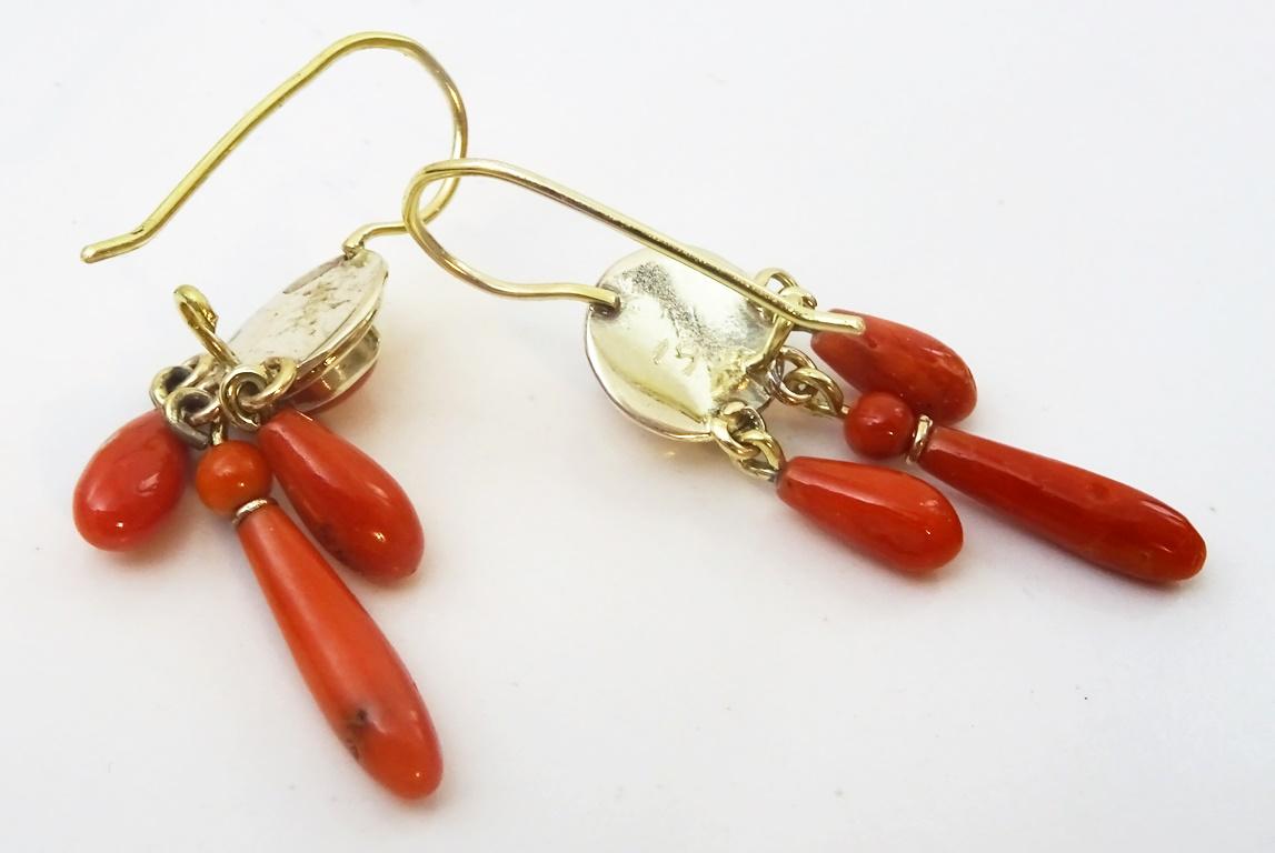 Art Deco Vintage Handmade 14 karat Gold and Coral Earrings