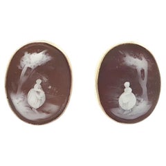 Vintage Handmade 14k Gold Carved Cameo Shell Girl in Garden Portrait Earrings
