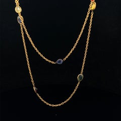 Vintage Handmade 14k Gold Multi Gemstones & Sapphire Station 38" Long Necklace