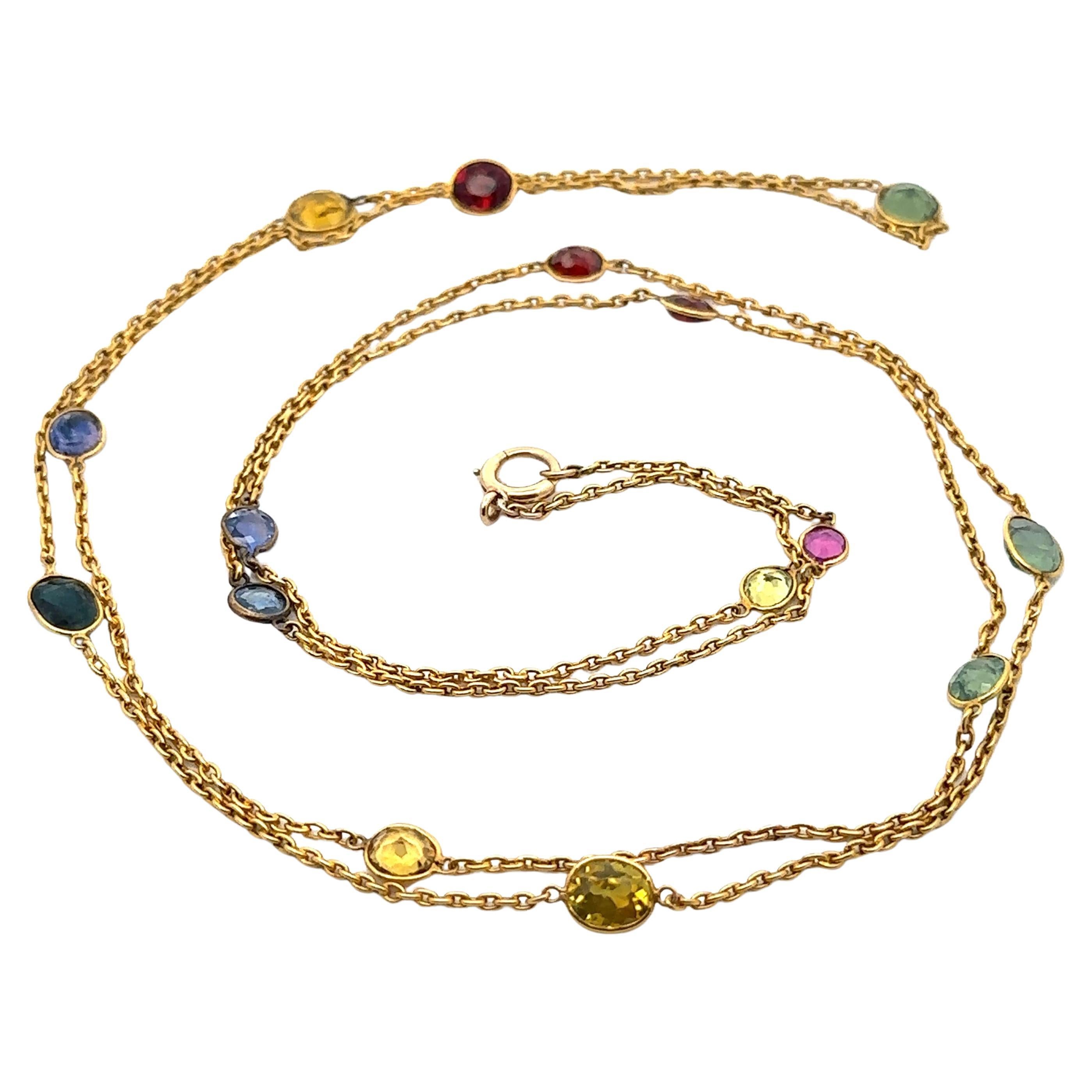 Vintage Handmade 14k Gold Multi Gemstones & Sapphire Station 38" Long Necklace