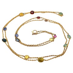 Vintage Handmade 14k Gold Multi Gemstones & Sapphire Station 38" Long Necklace