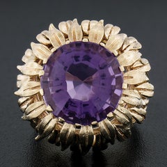 Vintage Handmade 14K Gold Round Amethyst Solitaire Flower Textured Work Ring