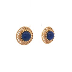 Vintage Handmade 14k Gold Round Cabochon Lapis Detailed Wire Work Stud Earrings