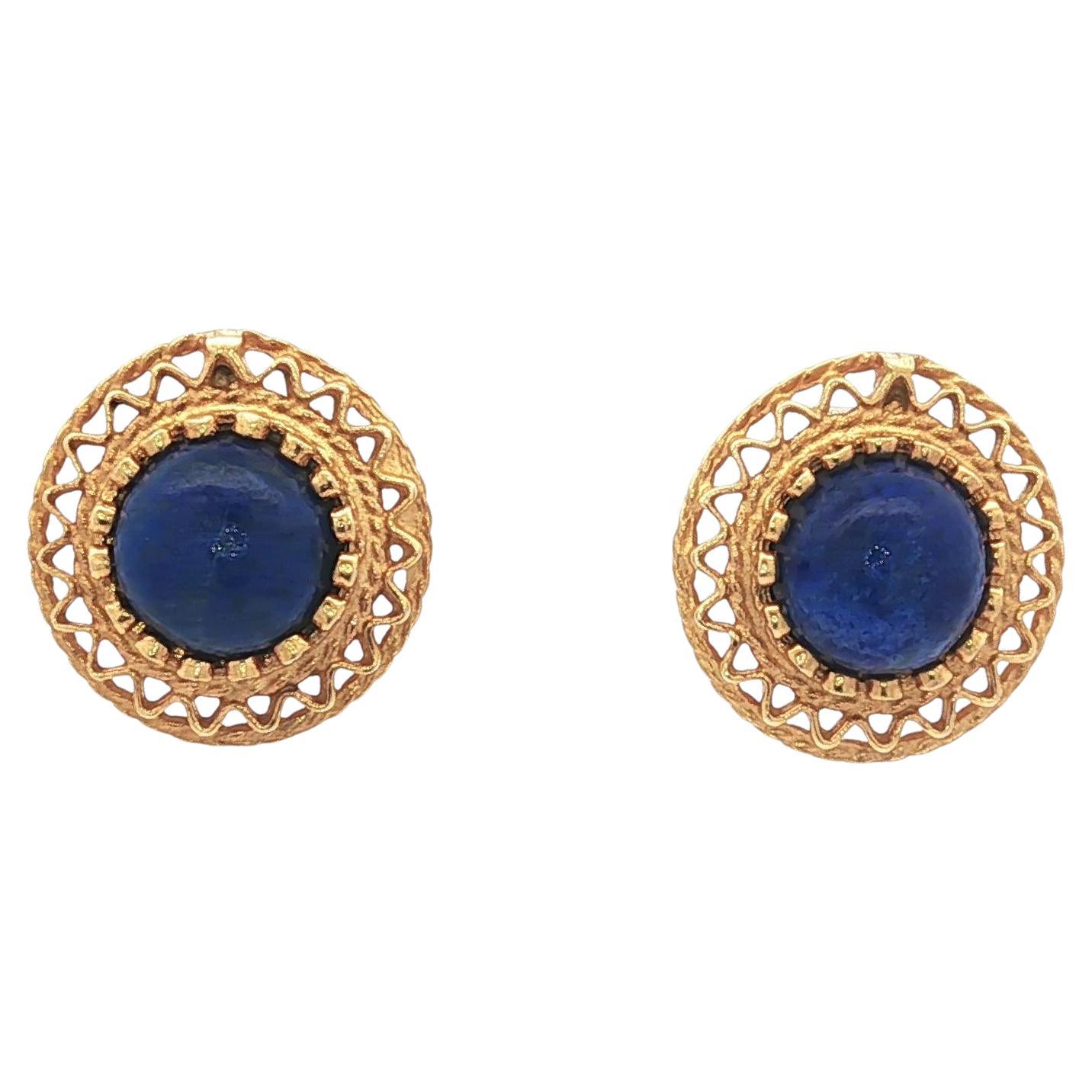 Vintage Handmade 14k Gold Runde Cabochon Lapis Detaillierte Draht Arbeit Ohrstecker im Angebot