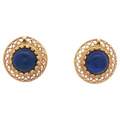 Vintage Handmade 14k Gold Round Cabochon Lapis Detailed Wire Work Stud Earrings