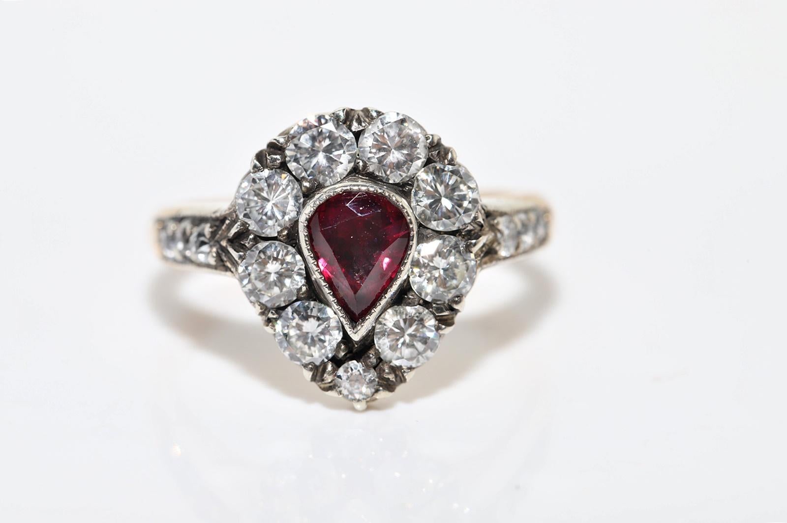 Brilliant Cut Vintage Handmade 14k Gold Top Silver Natural Diamond And Ruby Decorated Ring For Sale