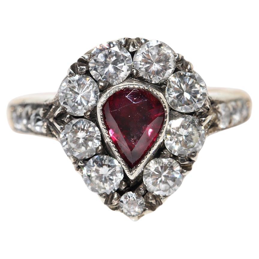 Vintage Handmade 14k Gold Top Silver Natural Diamond And Ruby Decorated Ring For Sale