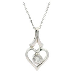 Vintage Collier pendentif coeur en or blanc 14k 0.17ct diamant