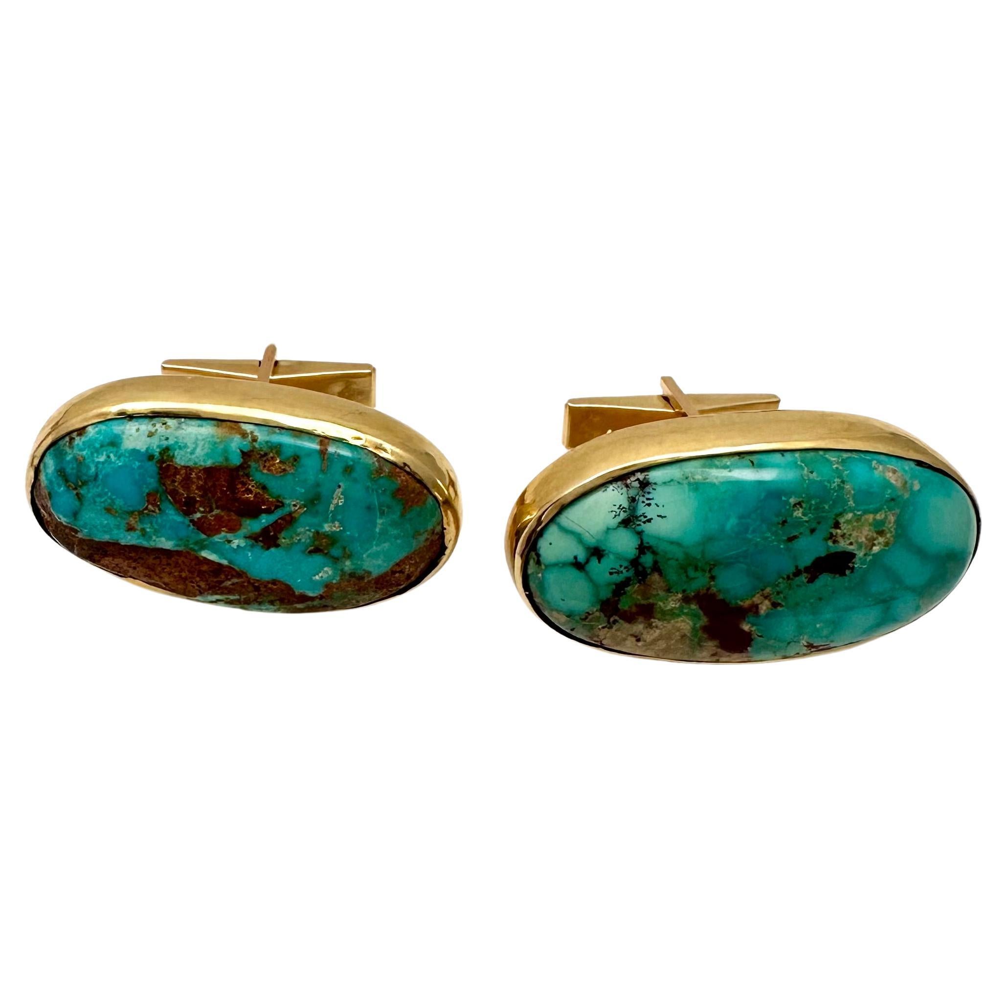 VINTAGE Handmade 14k Yellow Gold  3/4" x 1 1/4" Oval Turquoise Cufflinks For Sale