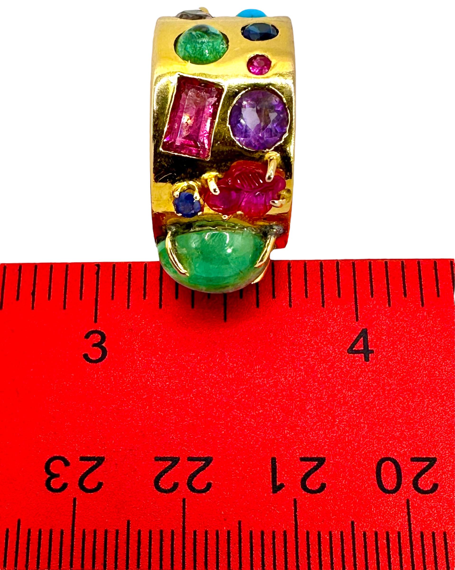 Vintage Handmade 14K Yellow Gold Band Ring with Assorted Precious Colored Stones For Sale 4