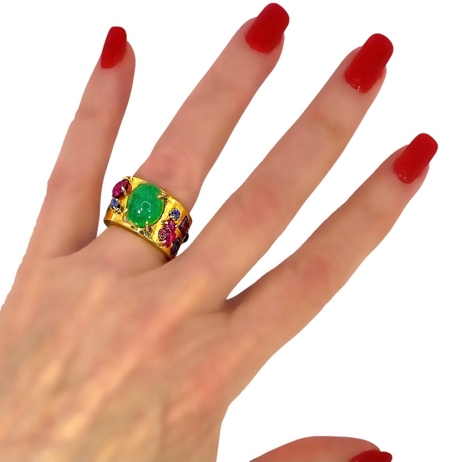 Vintage Handmade 14K Yellow Gold Band Ring with Assorted Precious Colored Stones For Sale 5
