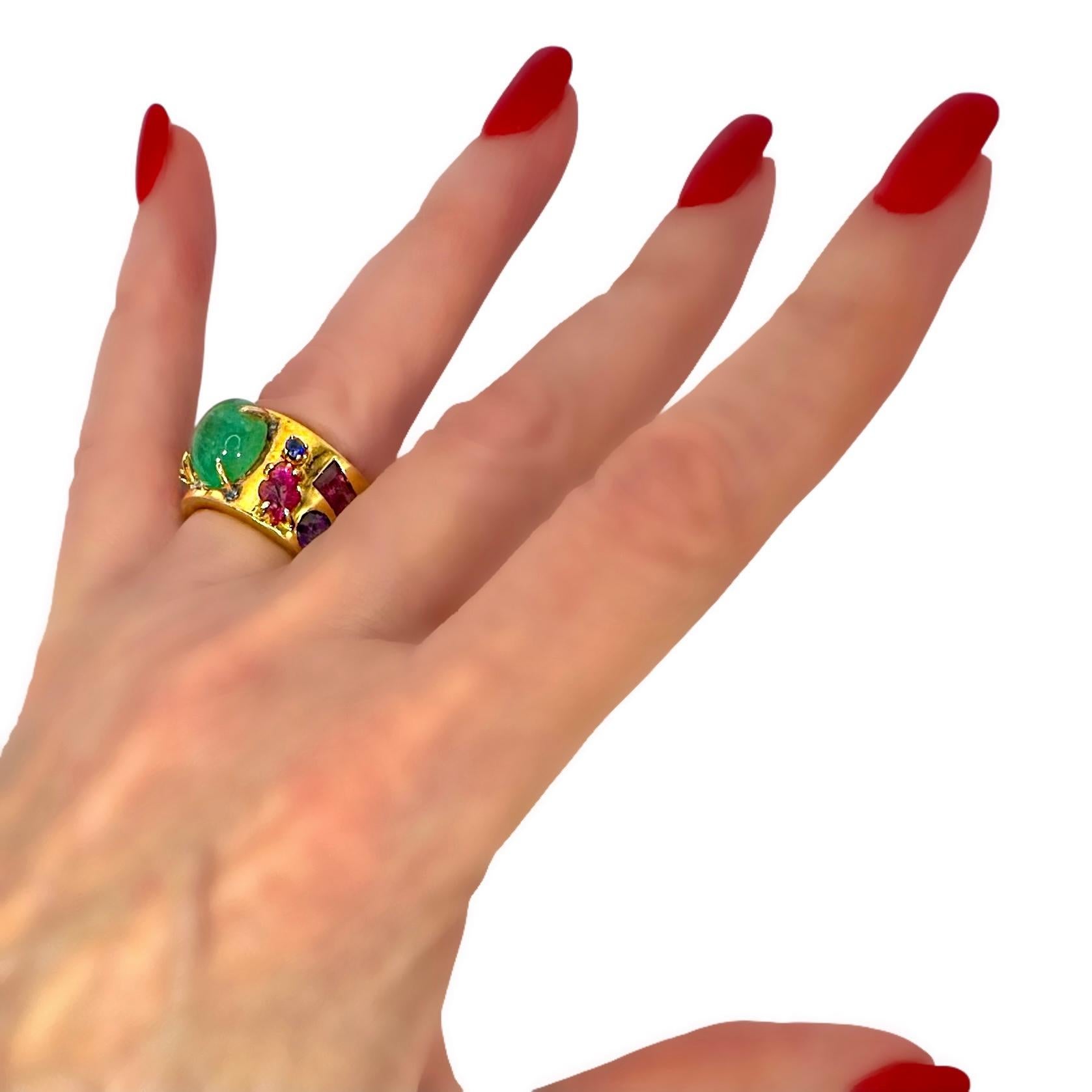 Vintage Handmade 14K Yellow Gold Band Ring with Assorted Precious Colored Stones For Sale 6