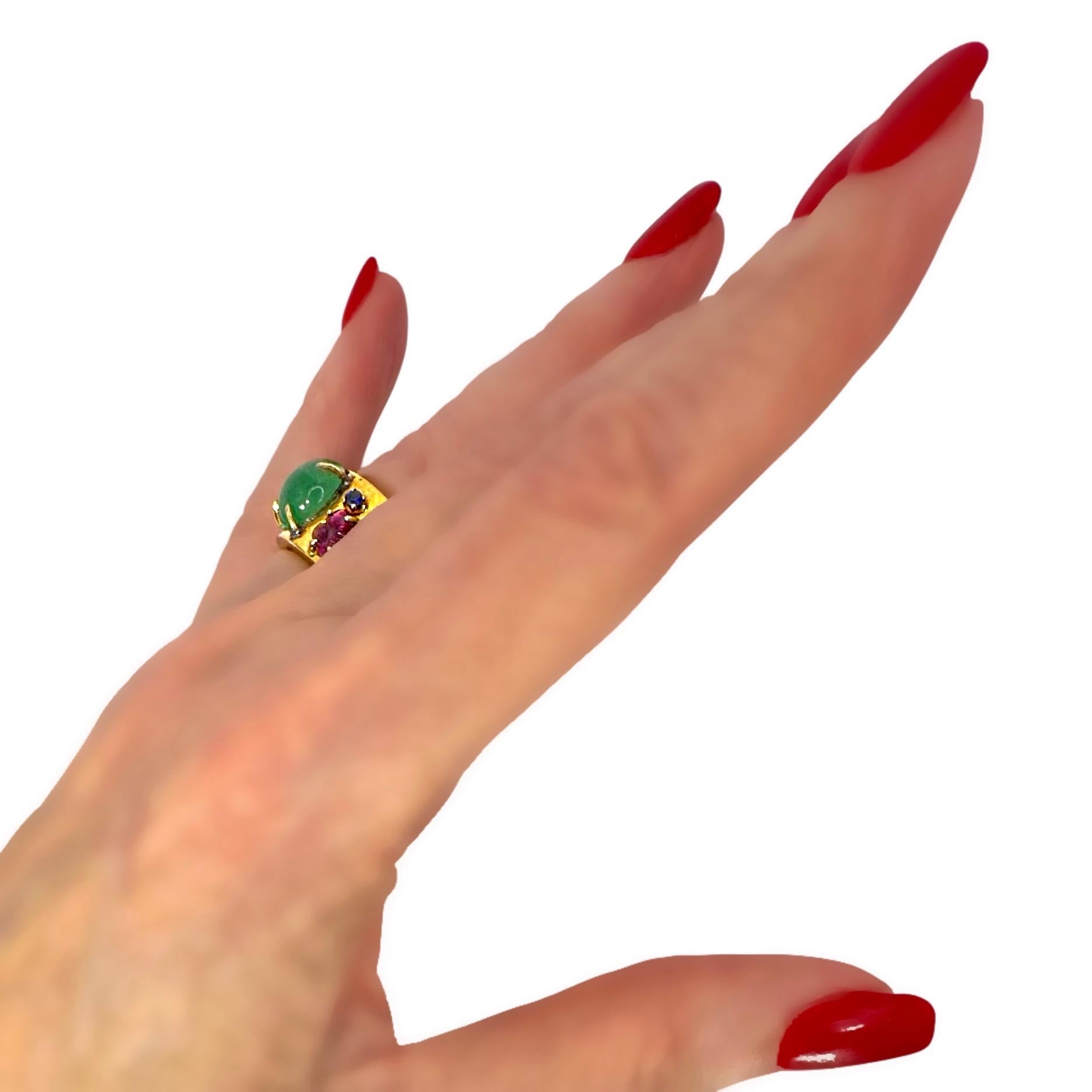 Vintage Handmade 14K Yellow Gold Band Ring with Assorted Precious Colored Stones For Sale 7