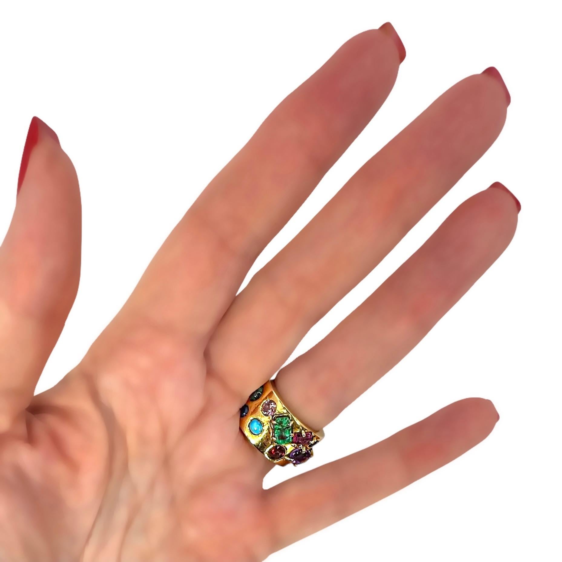 Vintage Handmade 14K Yellow Gold Band Ring with Assorted Precious Colored Stones For Sale 8