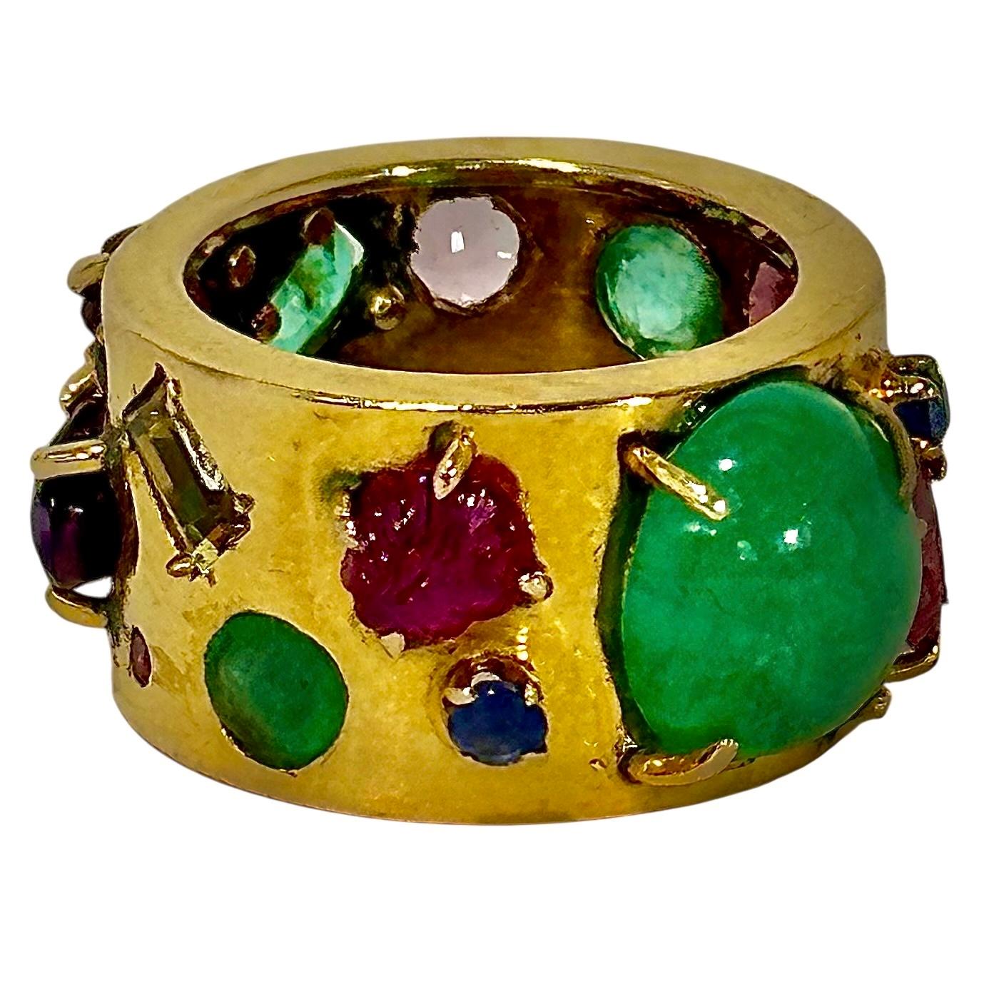 Artisan Vintage Handmade 14K Yellow Gold Band Ring with Assorted Precious Colored Stones For Sale