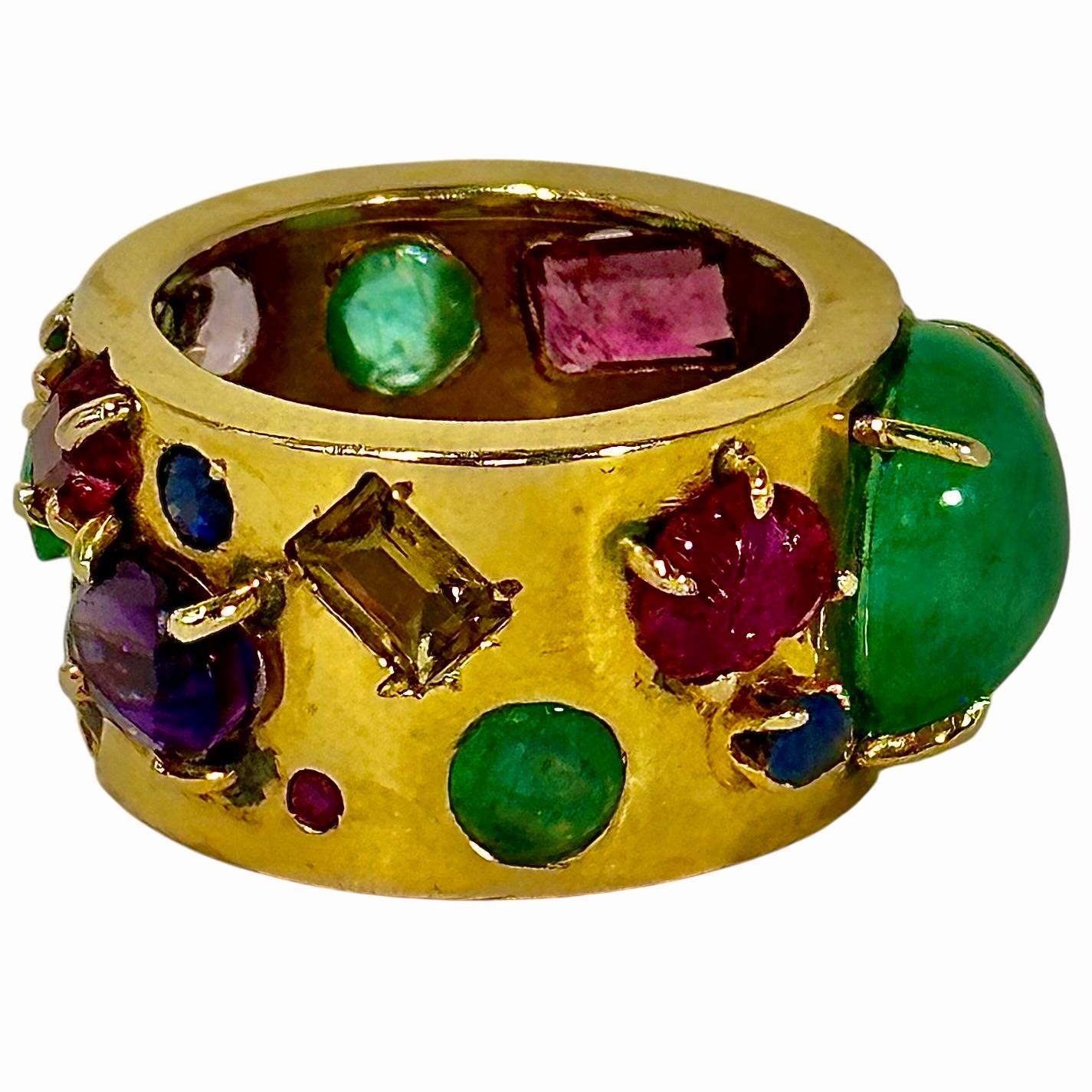 Cabochon Vintage Handmade 14K Yellow Gold Band Ring with Assorted Precious Colored Stones For Sale