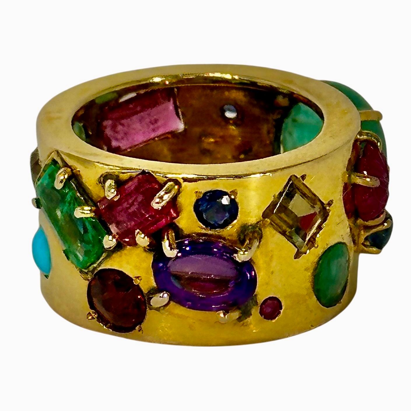 Vintage Handmade 14K Yellow Gold Band Ring with Assorted Precious Colored Stones In Good Condition For Sale In Palm Beach, FL