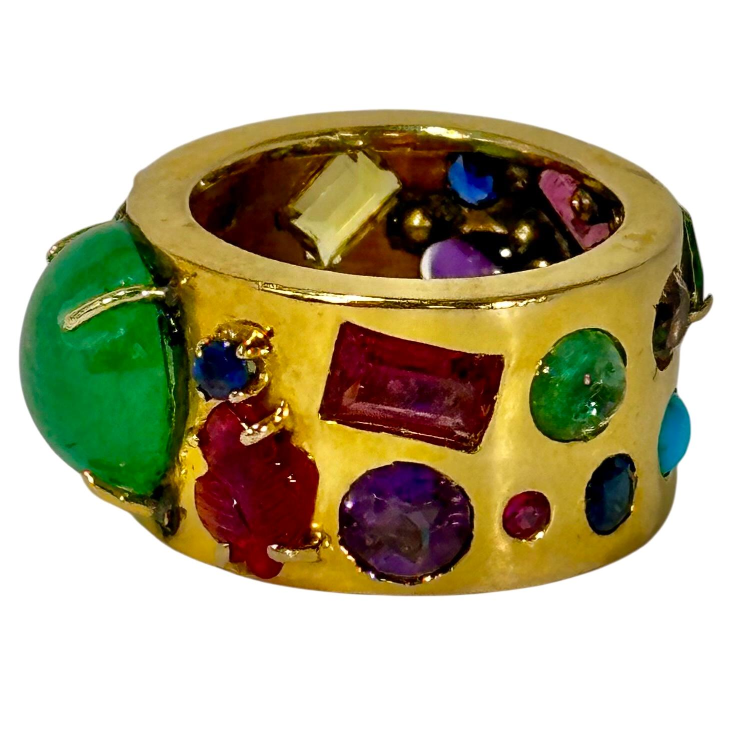 Vintage Handmade 14K Yellow Gold Band Ring with Assorted Precious Colored Stones For Sale 1