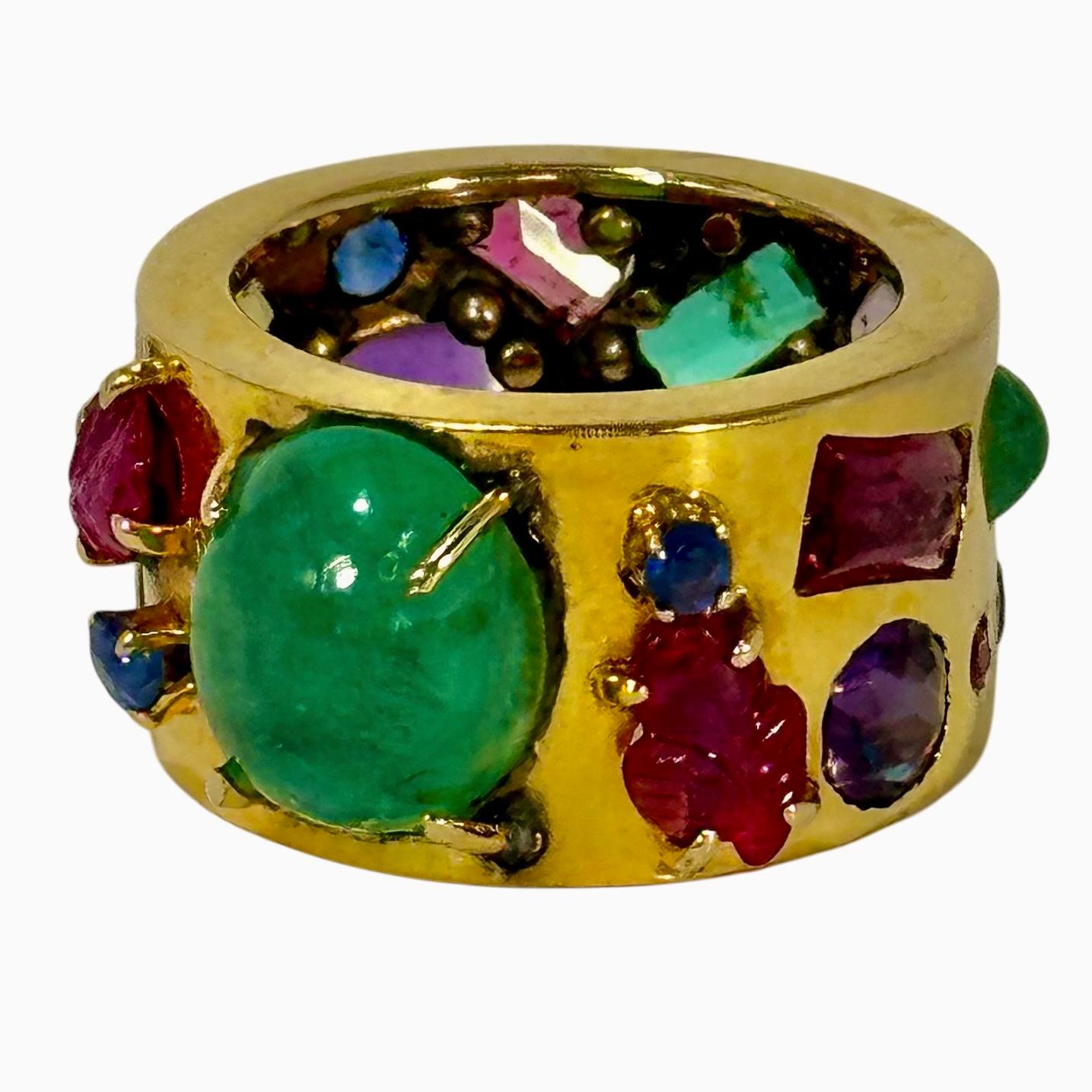Vintage Handmade 14K Yellow Gold Band Ring with Assorted Precious Colored Stones For Sale 2