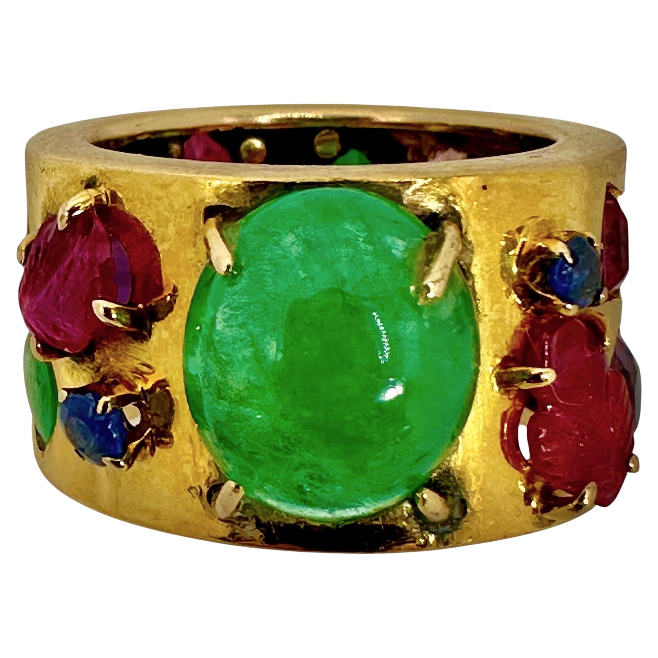 Vintage Handmade 14K Yellow Gold Band Ring with Assorted Precious Colored Stones For Sale