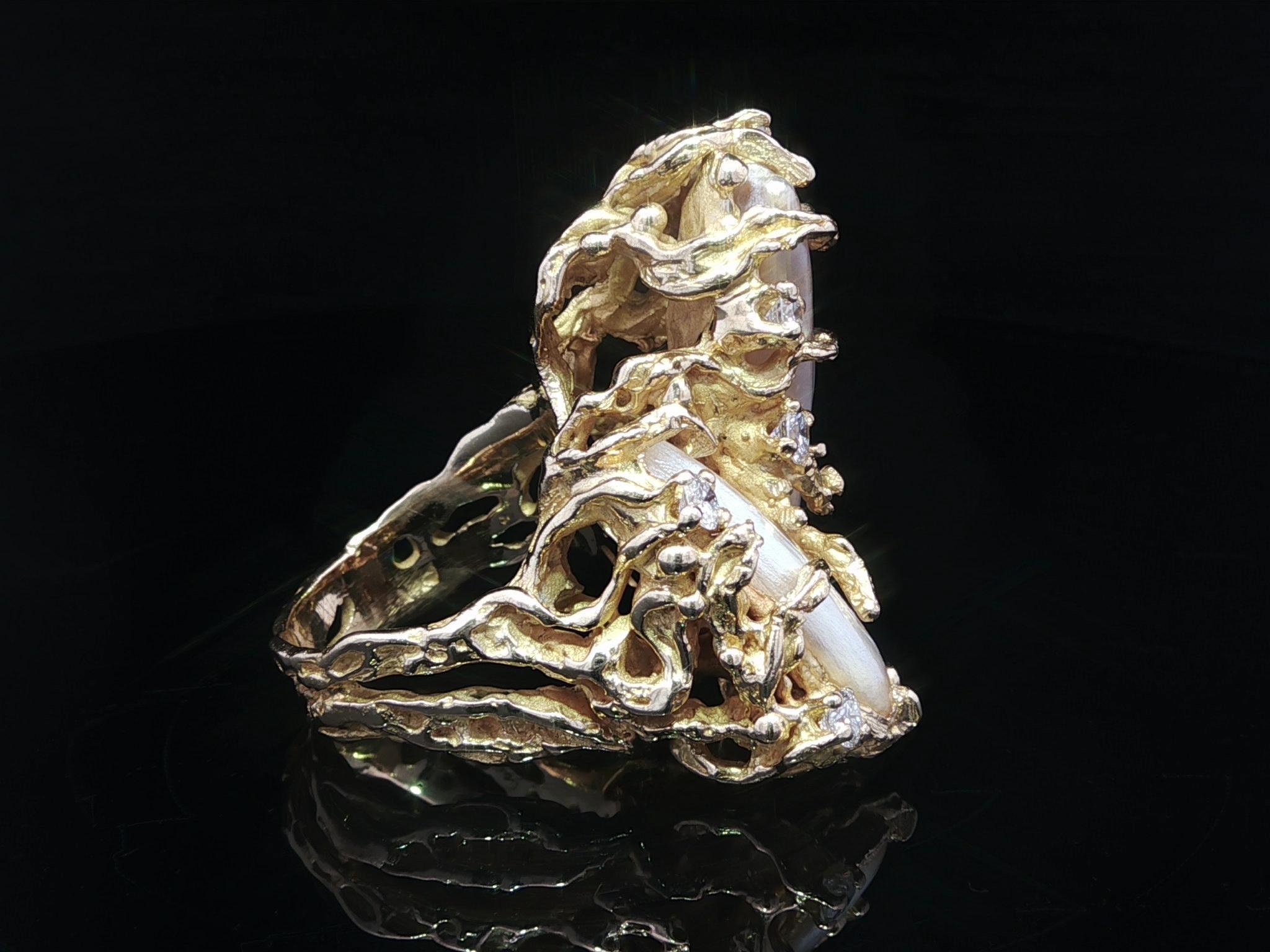 Vintage Handmade 14k Yellow Gold Baroque Pearl Diamond Freeform Twig Nugget Ring For Sale 5