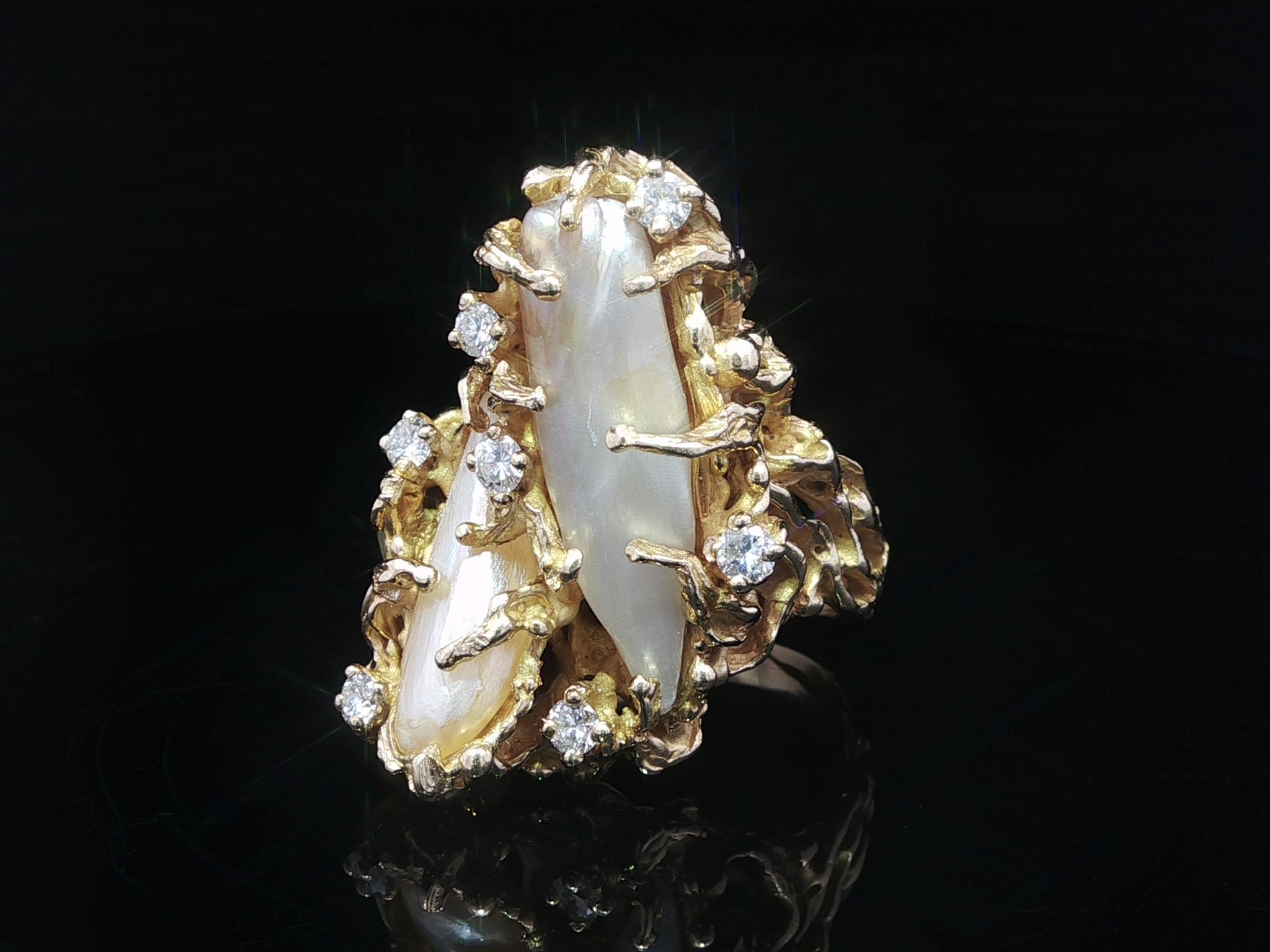 Vintage Handmade 14k Yellow Gold Baroque Pearl Diamond Freeform Twig Nugget Ring For Sale 6