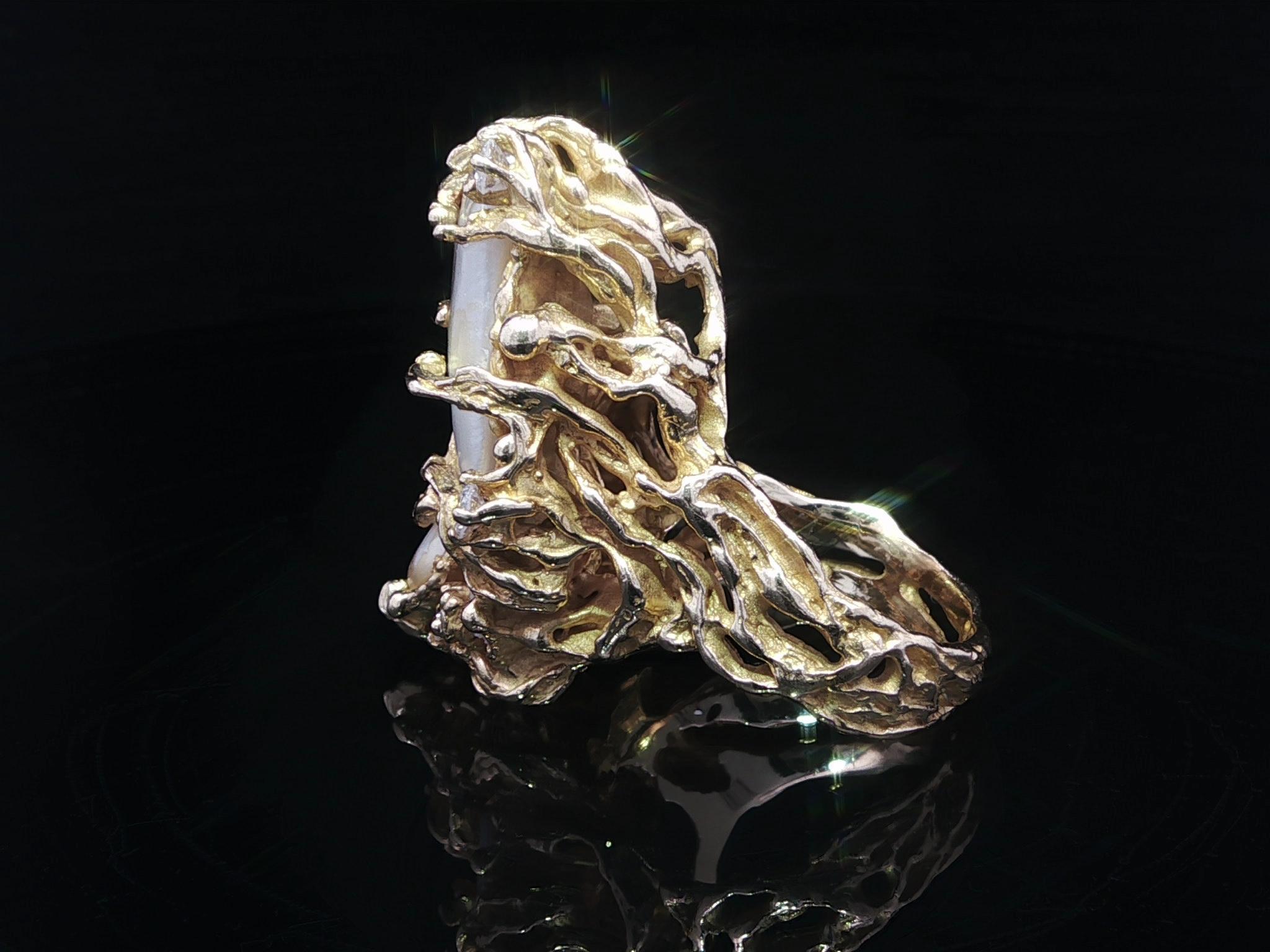 Vintage Handmade 14k Yellow Gold Baroque Pearl Diamond Freeform Twig Nugget Ring For Sale 7