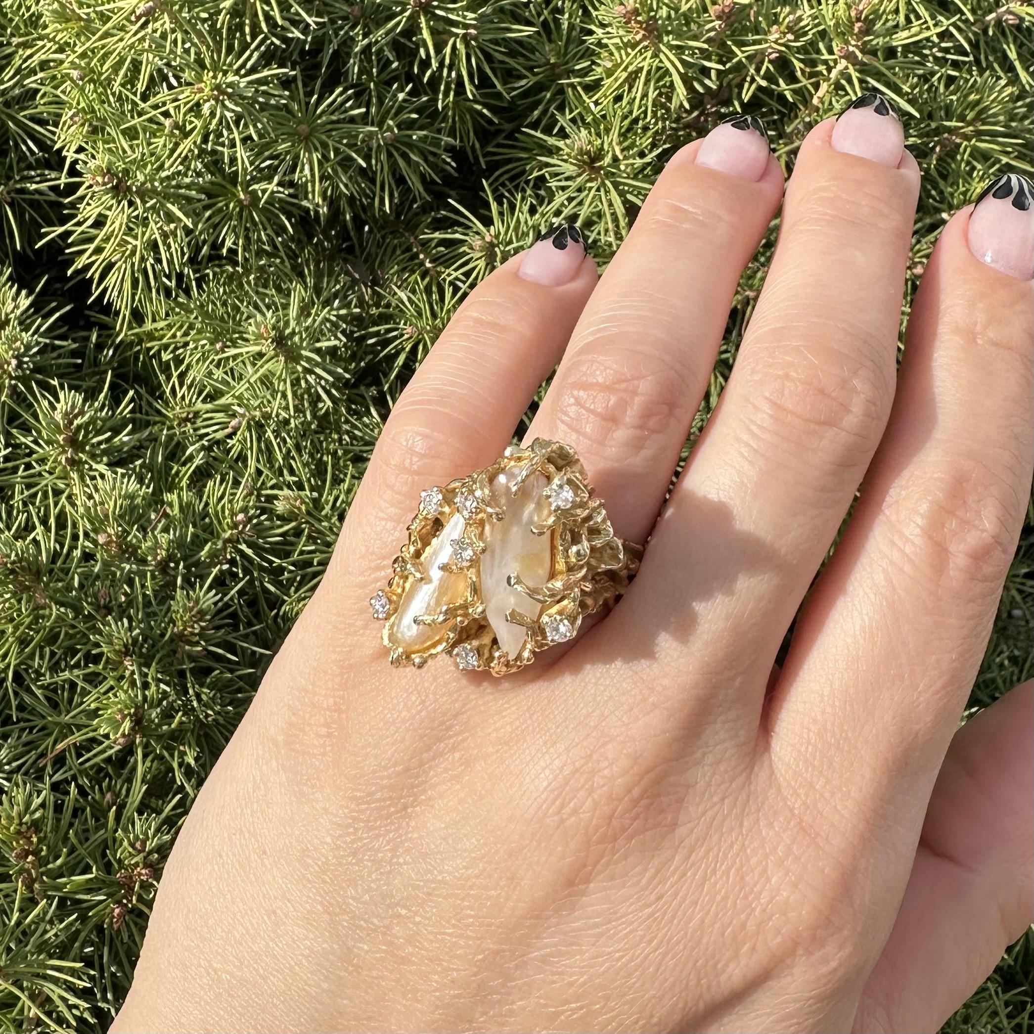 Vintage Handmade 14k Yellow Gold Baroque Pearl Diamond Freeform Twig Nugget Ring For Sale 9