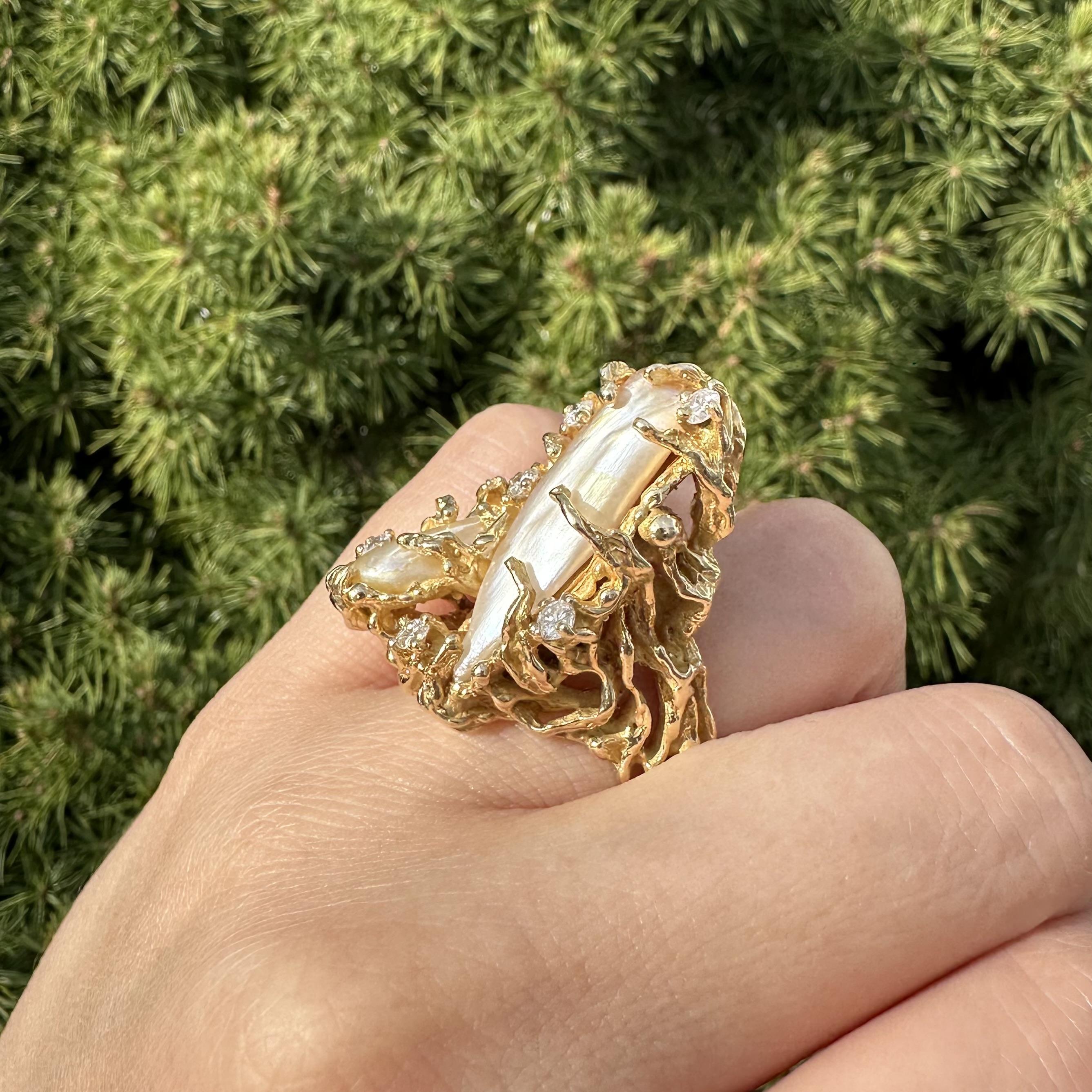 Vintage Handmade 14k Yellow Gold Baroque Pearl Diamond Freeform Twig Nugget Ring For Sale 10