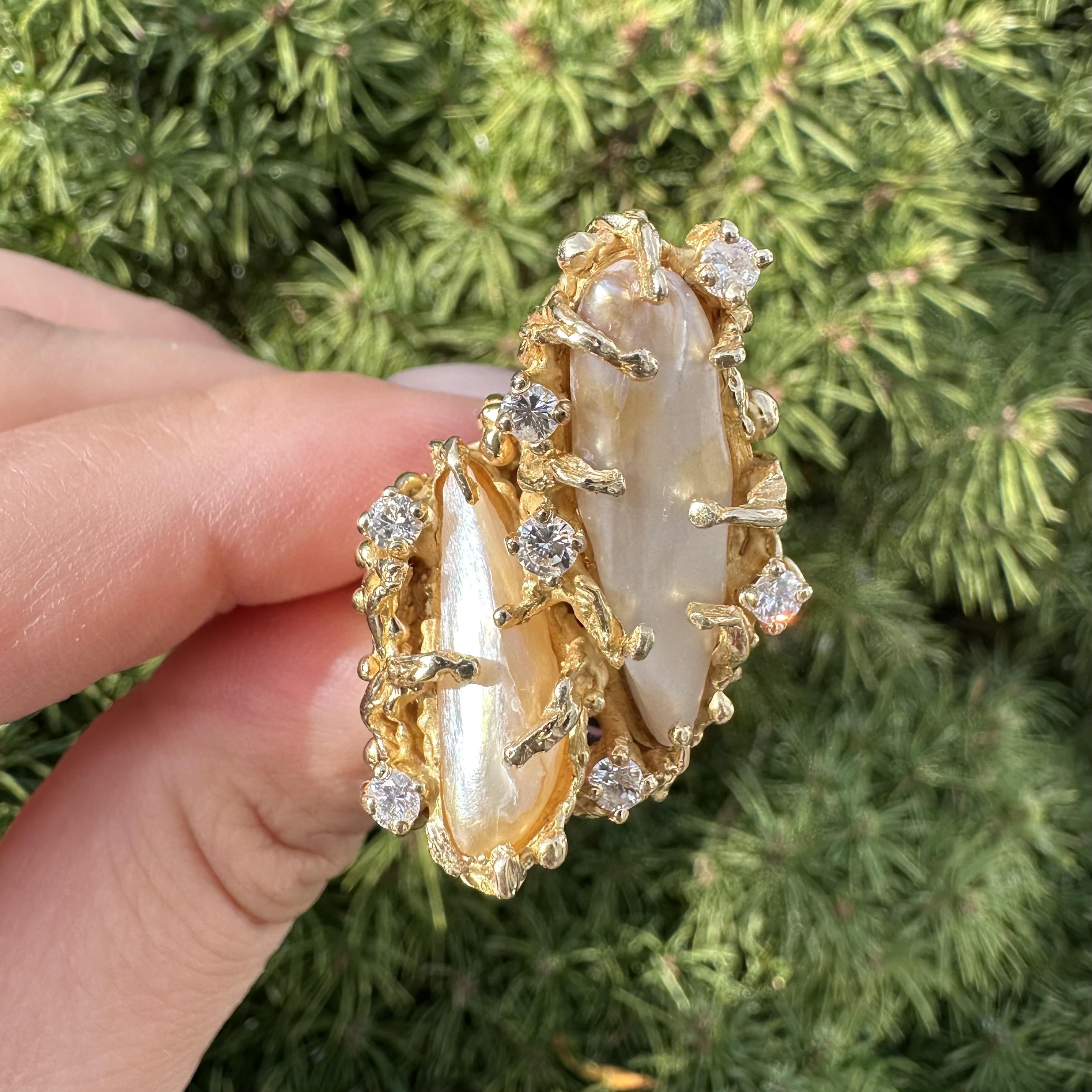 Vintage Handmade 14k Yellow Gold Baroque Pearl Diamond Freeform Twig Nugget Ring For Sale 11