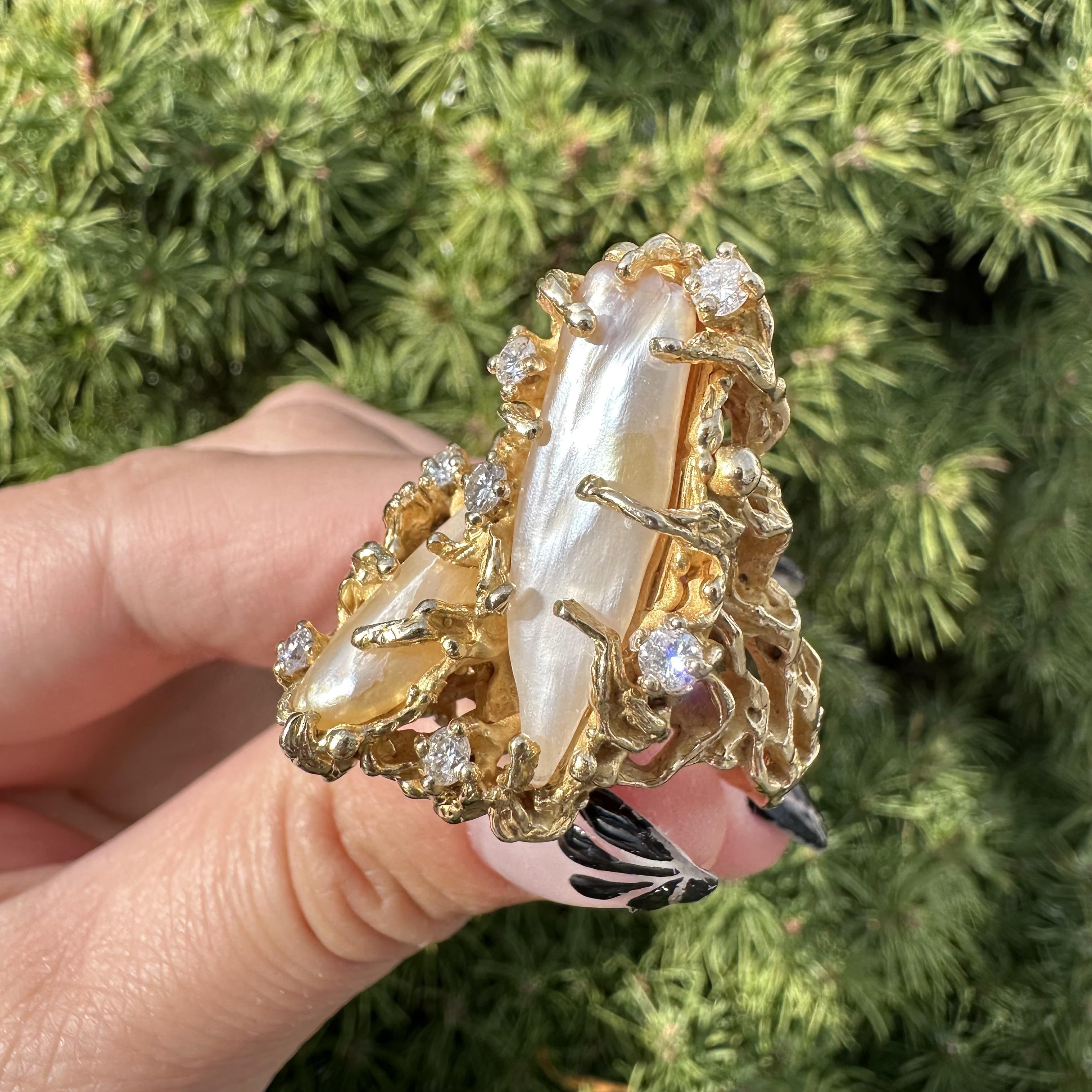 Vintage Handmade 14k Yellow Gold Baroque Pearl Diamond Freeform Twig Nugget Ring For Sale 12