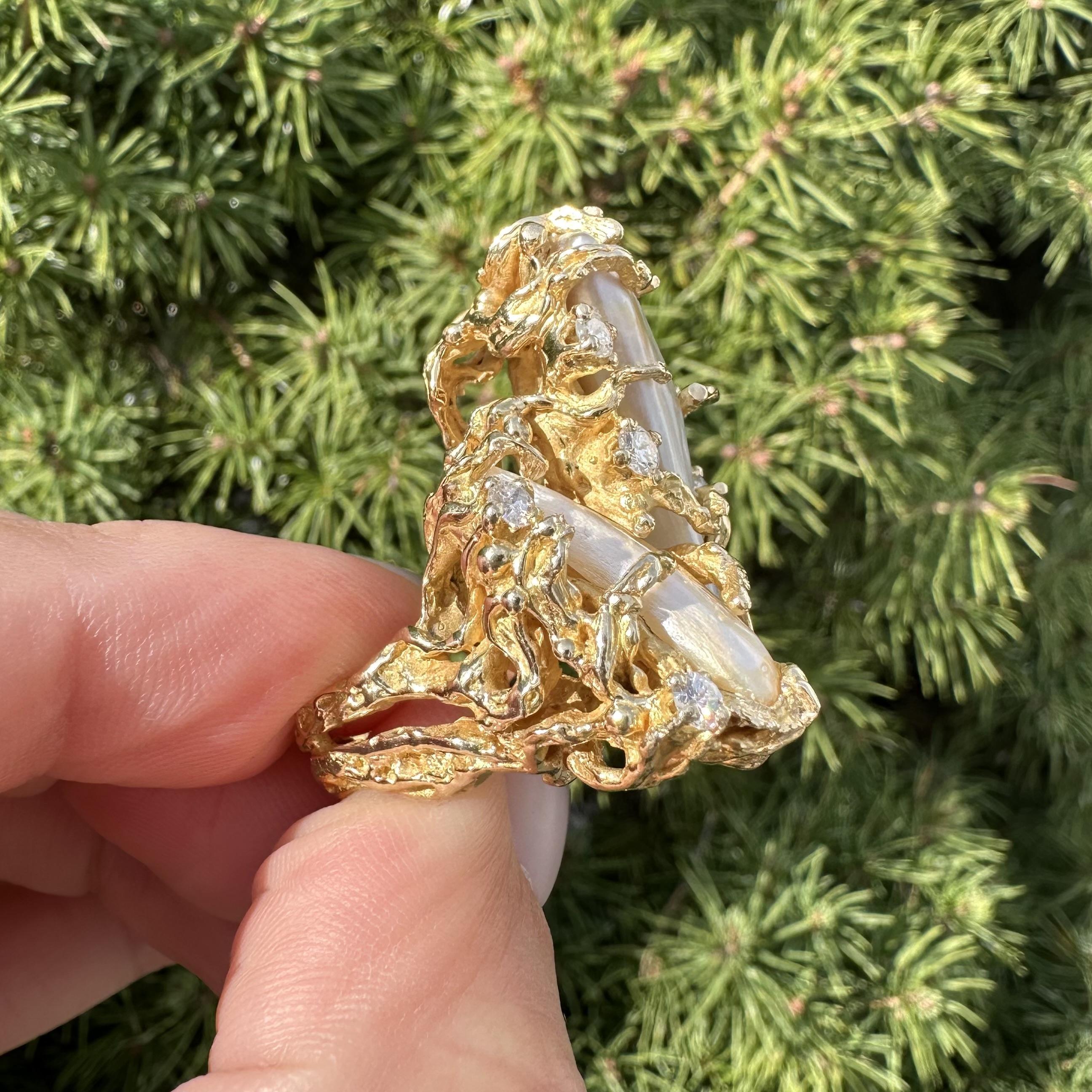 Vintage Handmade 14k Yellow Gold Baroque Pearl Diamond Freeform Twig Nugget Ring For Sale 13